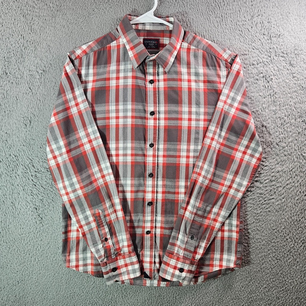 Untuckit Shirt Men Medium Slim Fit Button Up Long Sleeve Gray Red Plaid Pls Read